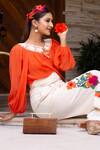 Shop_Label Anshu Khathuria_Orange Handloom Cotton Embroidered Floral Tie-up Detailed Neck Top With Pant _at_Aza_Fashions