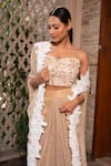 Shop_Label Anshu Khathuria_Gold Crushed Lycra Embroidered Floral Slit Sleeve Cape With Draped Skirt Set _at_Aza_Fashions