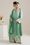 Buy_Siyona by Ankurita_Green Satin Embroidered Sequin Band Collar Chameli Ombre Kurta Set _Online_at_Aza_Fashions