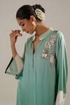 Shop_Siyona by Ankurita_Green Satin Embroidered Sequin Band Collar Chameli Ombre Kurta Set _at_Aza_Fashions