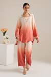 Buy_Siyona by Ankurita_Pink Linen Embroidered Sequin Leaf Neck Dahlia Ombre Tunic And Pant Co-ord Set _at_Aza_Fashions