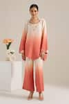 Siyona by Ankurita_Pink Linen Embroidered Sequin Leaf Neck Salmon Ombre Tunic And Pant Set _Online_at_Aza_Fashions