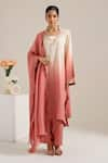 Buy_Siyona by Ankurita_Pink Linen Embroidered Sequin Leaf Neck Dahlia Ombre Kurta Set _at_Aza_Fashions