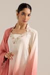 Shop_Siyona by Ankurita_Pink Linen Embroidered Sequin Leaf Neck Dahlia Ombre Kurta Set _Online_at_Aza_Fashions