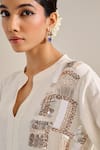 Siyona by Ankurita_Ivory Linen Hand Embroidery Sequin Collar Mogra Shoulder Kurta Set _at_Aza_Fashions