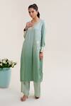 Buy_Siyona by Ankurita_Green Satin Embroidery Floral V-neck Banphool Sequin Kurta With Pant _at_Aza_Fashions