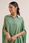 Shop_Siyona by Ankurita_Green Cotton Slub Embroidery Sequin Collar Bela Assymertic Shirt With Pant _Online_at_Aza_Fashions