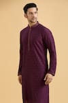 Aryavir Malhotra_Wine Slub Silk Embroidered Geometric Sequin Highlighted Straight Kurta _at_Aza_Fashions