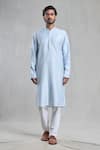 Aryavir Malhotra_Blue Kurta Slub Silk Embroidered Geometric Thread With Pant _Online_at_Aza_Fashions