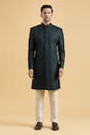 Aryavir Malhotra_Green Sherwani Velvet Embroidered Geometric Thread With Pant _Online_at_Aza_Fashions