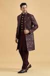 Buy_Aryavir Malhotra_Wine Sherwani And Kurta Slub Silk Embroidered Thread Sequin With Set _at_Aza_Fashions