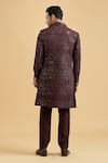 Shop_Aryavir Malhotra_Wine Sherwani And Kurta Slub Silk Embroidered Thread Sequin With Set _at_Aza_Fashions