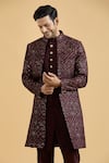 Aryavir Malhotra_Wine Sherwani And Kurta Slub Silk Embroidered Thread Sequin With Set _at_Aza_Fashions