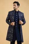 Buy_Aryavir Malhotra_Blue Sherwani And Kurta Slub Silk Embroidered Thread Sequin & Set _Online_at_Aza_Fashions