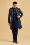 Aryavir Malhotra_Blue Sherwani And Kurta Slub Silk Embroidered Thread Sequin & Set _at_Aza_Fashions