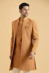 Aryavir Malhotra_Yellow Kurta Slub Silk Embroidered Thread Sherwani Set _at_Aza_Fashions