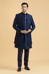 Buy_Aryavir Malhotra_Blue Sherwani And Jacket Slub Silk Embroidered Thread With Set _at_Aza_Fashions