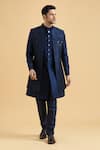 Shop_Aryavir Malhotra_Blue Sherwani And Jacket Slub Silk Embroidered Thread With Set _at_Aza_Fashions