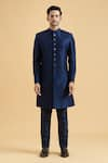 Aryavir Malhotra_Blue Sherwani And Jacket Slub Silk Embroidered Thread With Set _Online_at_Aza_Fashions