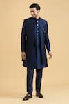 Shop_Aryavir Malhotra_Blue Sherwani And Jacket Slub Silk Embroidered Thread With Set _Online_at_Aza_Fashions