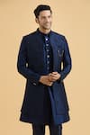 Aryavir Malhotra_Blue Sherwani And Jacket Slub Silk Embroidered Thread With Set _at_Aza_Fashions