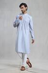 Buy_Aryavir Malhotra_Grey Kurta Cotton Linen Printed Threadwork Chevron With Pant _at_Aza_Fashions