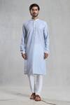 Aryavir Malhotra_Grey Kurta Cotton Linen Printed Threadwork Chevron With Pant _Online_at_Aza_Fashions