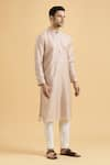 Aryavir Malhotra_Brown Linen Silk Embroidered Mirror Geometric Placket Kurta _Online_at_Aza_Fashions