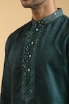 Aryavir Malhotra_Green Kurta Linen Silk Embroidered Mirror Placed Placket With Pant _Online_at_Aza_Fashions