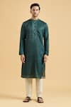 Buy_Aryavir Malhotra_Green Kurta Linen Silk Embroidered Mirror Placed Placket With Pant _Online_at_Aza_Fashions