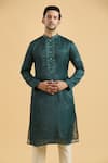 Aryavir Malhotra_Green Kurta Linen Silk Embroidered Mirror Placed Placket With Pant _at_Aza_Fashions