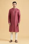 Shop_Aryavir Malhotra_Magenta Kurta Slub Silk Plain Straight With Pant _Online_at_Aza_Fashions