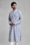 Shop_Aryavir Malhotra_Grey Cotton Embroidery Floral Chikankari Straight Work Kurta With Pant _Online_at_Aza_Fashions