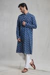 Buy_Aryavir Malhotra_Blue Kurta Jaipur Cotton Printed Flower Set _at_Aza_Fashions