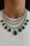 Buy_PRERTO_Green Diamonds, Stones Three-layered Emerald Teardrop Embellished Necklace Set_at_Aza_Fashions