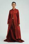 Til Red Silk Mandarin Collar Sakura Kurta With Pleated Trousers at Aza Fashions Til_Red Silk Mandarin Collar Sakura Kurta With Pleated Trousers _at_Aza_Fashions