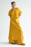 Buy_TIL_Yellow Silk Embroidered Thread V-neck Karashi Quilted Top With Draped Trouser _at_Aza_Fashions