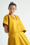 TIL_Yellow Silk Embroidered Thread V-neck Karashi Quilted Top With Draped Trouser _at_Aza_Fashions