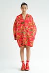 TIL_Red Cotton Embroidered Thread V-neck Firefly Puffer Jacket Dress _Online_at_Aza_Fashions