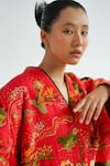 Buy_TIL_Red Cotton Embroidered Thread V-neck Firefly Puffer Jacket Dress _Online_at_Aza_Fashions