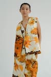 Buy_TIL_Yellow Chanderi Printed Abstract Floral V-neck Florid Gilet _Online_at_Aza_Fashions