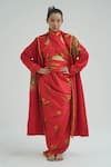 Buy_TIL_Red Chanderi Embroidered Thread Notched Lapel Imasto Trench _at_Aza_Fashions