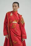 TIL_Red Chanderi Embroidered Thread Notched Lapel Imasto Trench _at_Aza_Fashions