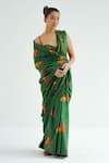 TIL_Green Silk Embroidered Abstract Sweetheart Firefly Print Pre-draped Saree Set _Online_at_Aza_Fashions