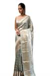 Shop_Sacred Weaves_Green Tissue Silk Zari Stripe Banarasi Saree With Unstitched Blouse Piece