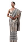 Sacred Weaves_Grey Tissue Silk Zari Stripe Rangkat Pattern Saree With Unstitched Blouse Piece _Online