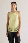 Buy_Mellowdrama_Yellow 100% Cotton Round Neck Sunray Weave Panelled Top _at_Aza_Fashions