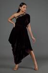 Buy Blue Lotus Design Wine Velvet Embroidery One Shoulder Floral Zari Dress at Aza Fashions Buy_Blue Lotus Design_Wine Velvet Embroidery One Shoulder Floral Zari Dress _at_Aza_Fashions