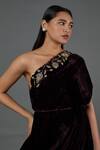 Blue Lotus Design Wine Velvet Embroidery One Shoulder Floral Zari Dress Online at Aza Fashions Blue Lotus Design_Wine Velvet Embroidery One Shoulder Floral Zari Dress _Online_at_Aza_Fashions