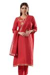Blue Lotus Design_Red Cotton, Silk Embroidery Round Neck Floral Kurta Pant Set _at_Aza_Fashions